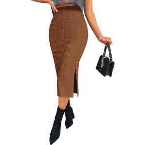 imageZeagoo Womens Knit Midi Skirts Casual Pencil Skirt High Waisted Long Skirts with Slit Elegant Work Office SkirtsBrown