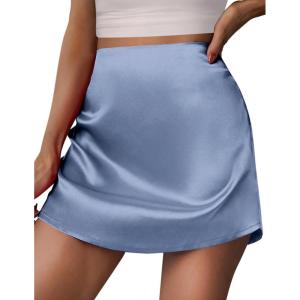 imageZeagoo Womens Mini Skirts Casual High Waisted Stain Silk ALine Zipper Summer Short Skirt Party SkirtsBlue
