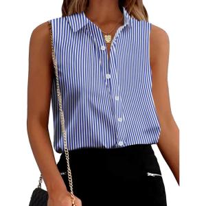 imageZeagoo Womens Sleeveless Button Down Shirts Blouses Solid Casual Loose V Neck Tank Tops for Work SXXLBlue Stripe