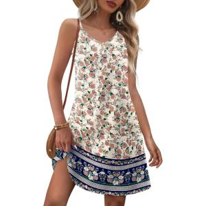 imageZeagoo Womens Summer Dress 2025 Loose Sleeveless Tshirt Dress V Neck Mini Dress Beach Sundress with PocketsApricot Black Floral