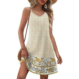 imageZeagoo Womens Summer Dress 2025 Loose Sleeveless Tshirt Dress V Neck Mini Dress Beach Sundress with PocketsBeige Yellow Floral
