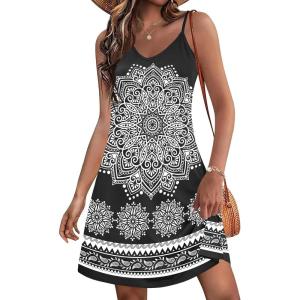 imageZeagoo Womens Summer Dress 2025 Loose Sleeveless Tshirt Dress V Neck Mini Dress Beach Sundress with PocketsBlack White Print