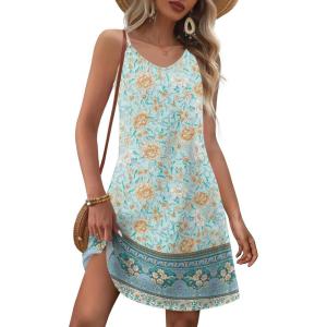 imageZeagoo Womens Summer Dress 2025 Loose Sleeveless Tshirt Dress V Neck Mini Dress Beach Sundress with PocketsBlue Apricot Floral