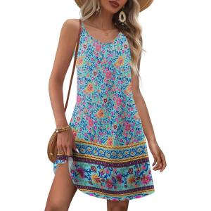 imageZeagoo Womens Summer Dress 2025 Loose Sleeveless Tshirt Dress V Neck Mini Dress Beach Sundress with PocketsBlue Yellow Floral