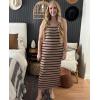imageZeagoo Women Summer Striped Knit Dress Casual Sleeveless Crewneck Bodycon Side Slit Sundress Midi Tank Ribbed Sweater DressesBeige and Black Striped
