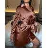 imageZeagoo Womens Stain Long Sleeve Dress Button Down Shirts Tunic Dresses Casual VNeck Mini Dress with BeltBrown