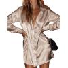 imageZeagoo Womens Stain Long Sleeve Dress Button Down Shirts Tunic Dresses Casual VNeck Mini Dress with BeltKhaki
