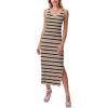 imageZeagoo Women Summer Striped Knit Dress Casual Sleeveless Crewneck Bodycon Side Slit Sundress Midi Tank Ribbed Sweater DressesBeige and Black Striped