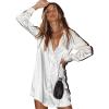 imageZeagoo Womens Stain Long Sleeve Dress Button Down Shirts Tunic Dresses Casual VNeck Mini Dress with BeltWhite