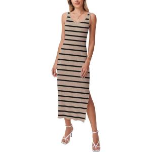 imageZeagoo Women Summer Striped Knit Dress Casual Sleeveless Crewneck Bodycon Side Slit Sundress Midi Tank Ribbed Sweater DressesBeige and Black Striped