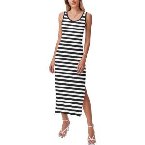 imageZeagoo Women Summer Striped Knit Dress Casual Sleeveless Crewneck Bodycon Side Slit Sundress Midi Tank Ribbed Sweater DressesBlack and White Striped