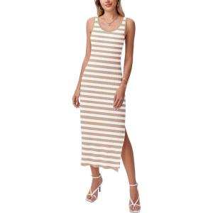 imageZeagoo Women Summer Striped Knit Dress Casual Sleeveless Crewneck Bodycon Side Slit Sundress Midi Tank Ribbed Sweater DressesBrown and White Striped