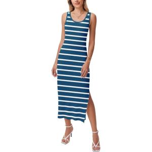 imageZeagoo Women Summer Striped Knit Dress Casual Sleeveless Crewneck Bodycon Side Slit Sundress Midi Tank Ribbed Sweater DressesNavy and White Striped