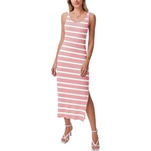 imageZeagoo Women Summer Striped Knit Dress Casual Sleeveless Crewneck Bodycon Side Slit Sundress Midi Tank Ribbed Sweater DressesPink and White Striped