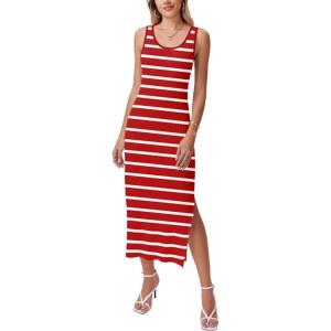 imageZeagoo Women Summer Striped Knit Dress Casual Sleeveless Crewneck Bodycon Side Slit Sundress Midi Tank Ribbed Sweater DressesRed and White Striped