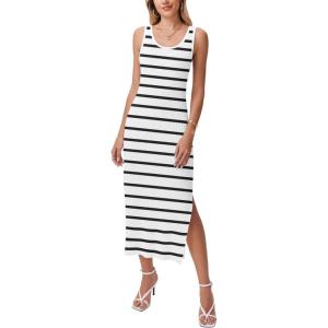 imageZeagoo Women Summer Striped Knit Dress Casual Sleeveless Crewneck Bodycon Side Slit Sundress Midi Tank Ribbed Sweater DressesWhite and Black Striped