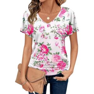 imageZeagoo Womens Short Sleeve Shirts V Neck Blouse Ruched Business Casual Basic Tunic Tops S3XLBf152
