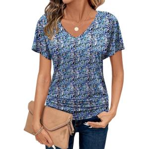 imageZeagoo Womens Short Sleeve Shirts V Neck Blouse Ruched Business Casual Basic Tunic Tops S3XLPa236