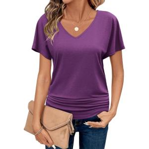 imageZeagoo Womens Short Sleeve Shirts V Neck Blouse Ruched Business Casual Basic Tunic Tops S3XLPurple