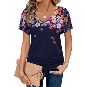 imageZeagoo Womens Short Sleeve Shirts V Neck Blouse Ruched Business Casual Basic Tunic Tops S3XLXh404