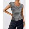 imageZeagoo Womens Tank Tops Ribbed Knit Crew Neck Shirts Cap Sleeve Slim Fitted Ruched Basic TeesFblack Striped