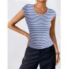 imageZeagoo Womens Tank Tops Ribbed Knit Crew Neck Shirts Cap Sleeve Slim Fitted Ruched Basic TeesFblue Striped