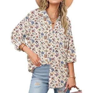 imageZeagoo Womens Button Down Shirts Long Sleeve Cotton Gauze Tops Casual Collared Blouses Loose FitCream Floral