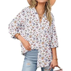 imageZeagoo Womens Button Down Shirts Long Sleeve Cotton Gauze Tops Casual Collared Blouses Loose FitWhite Floral