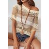imageZeagoo Short Sleeve Crochet Sweater Lightweight Summer Tops Loose Hollow Out Crewneck PulloverKhaki Apricot Stripe