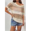 imageZeagoo Short Sleeve Crochet Sweater Lightweight Summer Tops Loose Hollow Out Crewneck PulloverKhaki Apricot Stripe