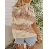 imageZeagoo Short Sleeve Crochet Sweater Lightweight Summer Tops Loose Hollow Out Crewneck PulloverKhaki Apricot Stripe