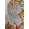 imageZeagoo Short Sleeve Crochet Sweater Lightweight Summer Tops Loose Hollow Out Crewneck PulloverLight Grey