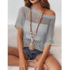 imageZeagoo Short Sleeve Crochet Sweater Lightweight Summer Tops Loose Hollow Out Crewneck PulloverLight Grey