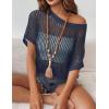 imageZeagoo Short Sleeve Crochet Sweater Lightweight Summer Tops Loose Hollow Out Crewneck PulloverNavy Blue
