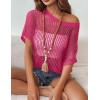 imageZeagoo Short Sleeve Crochet Sweater Lightweight Summer Tops Loose Hollow Out Crewneck PulloverRose Red