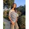 imageZeagoo Short Sleeve Crochet Sweater Lightweight Summer Tops Loose Hollow Out Crewneck PulloverZblue White Stripe