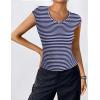 imageZeagoo Womens Tank Tops Ribbed Knit Crew Neck Shirts Cap Sleeve Slim Fitted Ruched Basic TeesFnavy Blue Striped