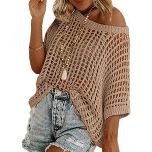 imageZeagoo Short Sleeve Crochet Sweater Lightweight Summer Tops Loose Hollow Out Crewneck PulloverKhaki