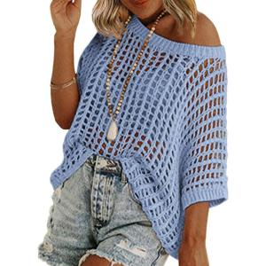 imageZeagoo Short Sleeve Crochet Sweater Lightweight Summer Tops Loose Hollow Out Crewneck PulloverLight Blue