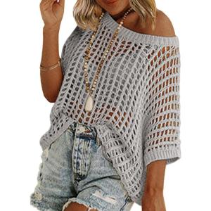 imageZeagoo Short Sleeve Crochet Sweater Lightweight Summer Tops Loose Hollow Out Crewneck PulloverLight Grey