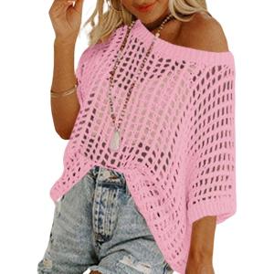 imageZeagoo Short Sleeve Crochet Sweater Lightweight Summer Tops Loose Hollow Out Crewneck PulloverLight Pink