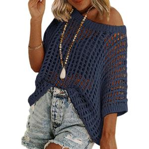 imageZeagoo Short Sleeve Crochet Sweater Lightweight Summer Tops Loose Hollow Out Crewneck PulloverNavy Blue