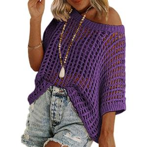 imageZeagoo Short Sleeve Crochet Sweater Lightweight Summer Tops Loose Hollow Out Crewneck PulloverPurple