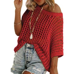imageZeagoo Short Sleeve Crochet Sweater Lightweight Summer Tops Loose Hollow Out Crewneck PulloverRed
