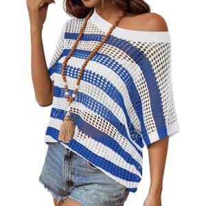 imageZeagoo Short Sleeve Crochet Sweater Lightweight Summer Tops Loose Hollow Out Crewneck PulloverZblue White Stripe