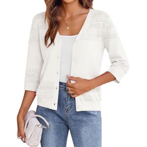 imageZeagoo Womens 34 Sleeve Cropped Cardigan 2025 Summer Lightweight Crochet Shrug Button Down Knit Sweater CardigansAwhite