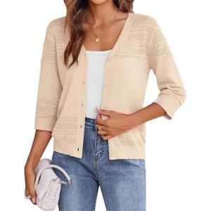 imageZeagoo Womens 34 Sleeve Cropped Cardigan 2025 Summer Lightweight Crochet Shrug Button Down Knit Sweater CardigansBeige