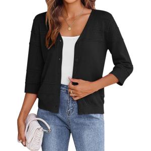 imageZeagoo Womens 34 Sleeve Cropped Cardigan 2025 Summer Lightweight Crochet Shrug Button Down Knit Sweater CardigansBlack