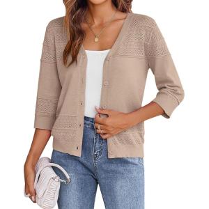 imageZeagoo Womens 34 Sleeve Cropped Cardigan 2025 Summer Lightweight Crochet Shrug Button Down Knit Sweater CardigansCamel
