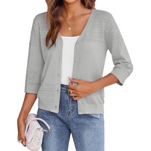 imageZeagoo Womens 34 Sleeve Cropped Cardigan 2025 Summer Lightweight Crochet Shrug Button Down Knit Sweater CardigansGrey